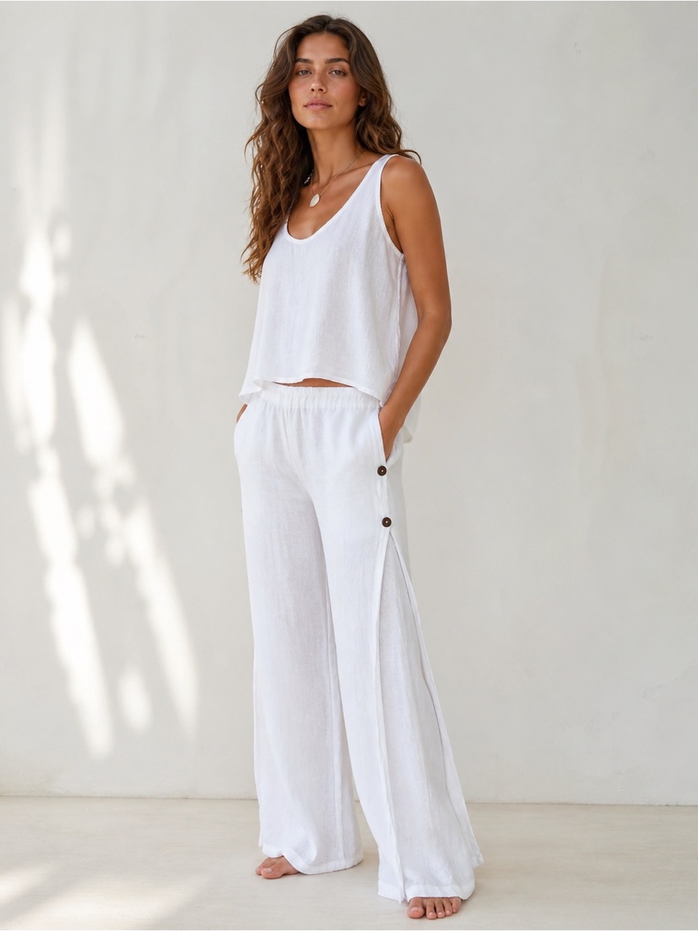 Gaja White Wide-Leg Button-Side Resort Lounge Pants Small